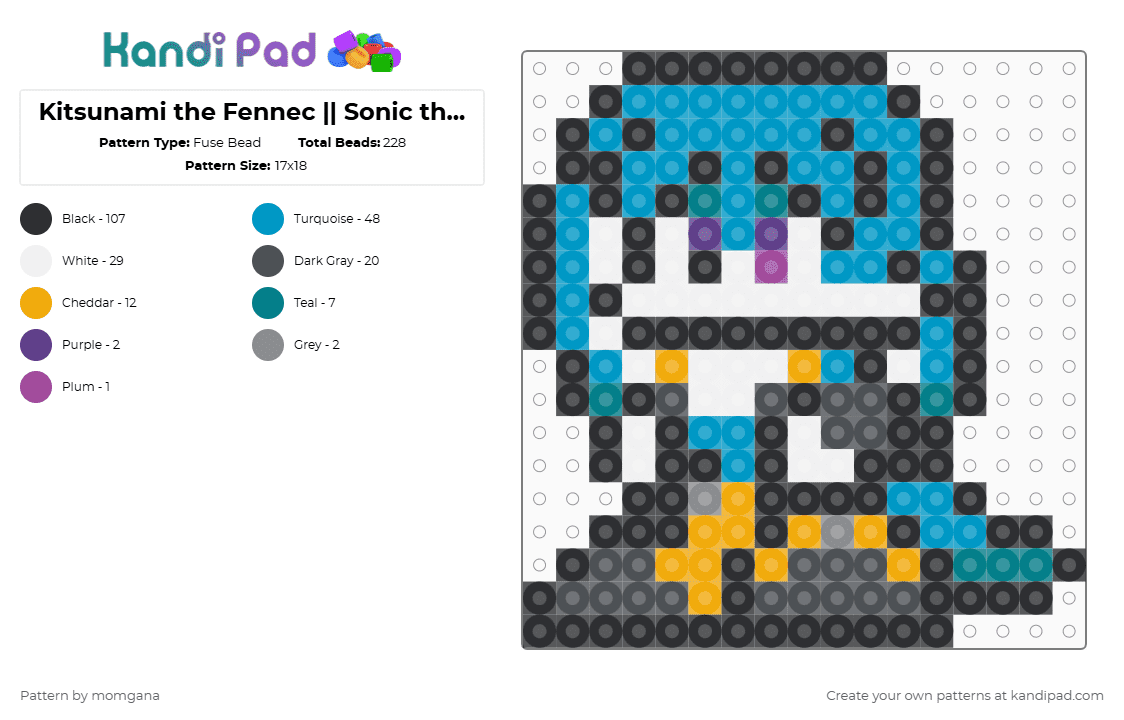 Kitsunami the Fennec || Sonic the Hedgehog - Fuse Bead Pattern by momgana on Kandi Pad - black,gray,light blue,sonic the hedgehog,sth,sonic,kit the fennec