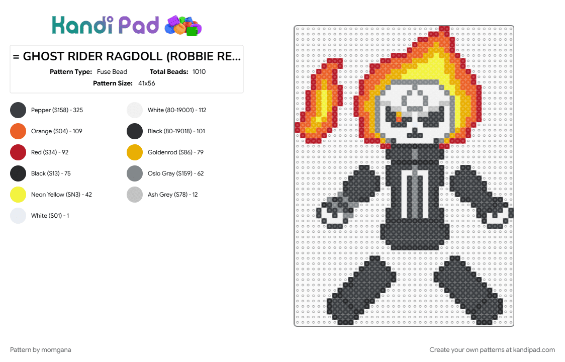 = GHOST RIDER RAGDOLL (ROBBIE REYES) 💀❤️‍🔥= - Fuse Bead Pattern by momgana on Kandi Pad - black, ghost rider, marvel, marvel heroes, orange, ragdoll, red, robbie reyes