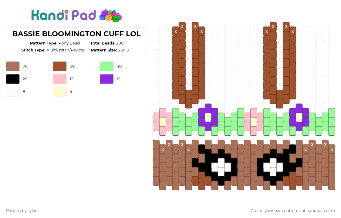 BASSIE BLOOMINGTON CUFF LOL - Pony Bead Pattern by beyouveniquoople on Kandi Pad - tan,red,teal,dandys world,dw,dandys world bassie,dw bassie,bassie dandys world,bassie dw,bassie bloomington