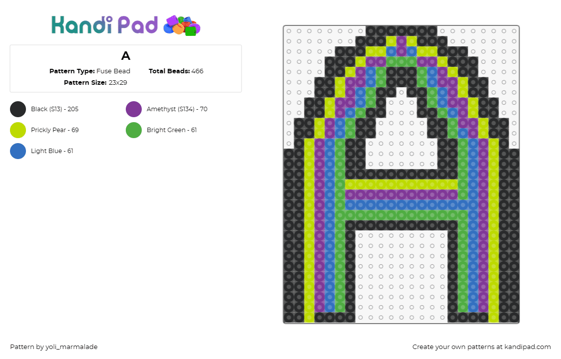 A - Fuse Bead Pattern by yoli_marmalade on Kandi Pad - text,letter,a,neon,alphabet,bright,green,purple