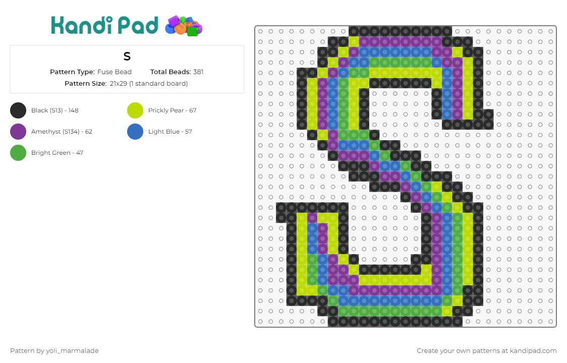 S - Fuse Bead Pattern by yoli_marmalade on Kandi Pad - s,text,letter,neon,alphabet,initial,monogram,fluorescent,bright,green