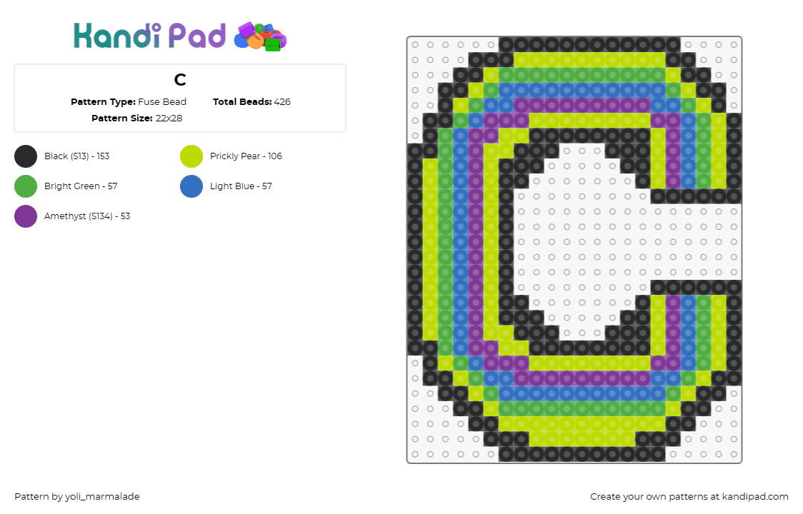 C - Fuse Bead Pattern by yoli_marmalade on Kandi Pad - text,letter,c,neon,alphabet,bright,green,purple