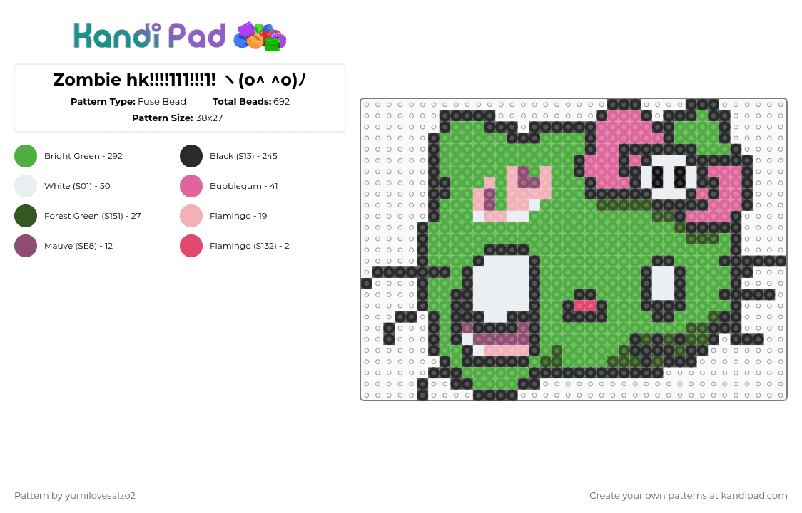 Zombie hk!!!!111!!!1! ヽ(o^ ^o)ﾉ - Fuse Bead Pattern by yumilovesalzo2 on Kandi Pad - green