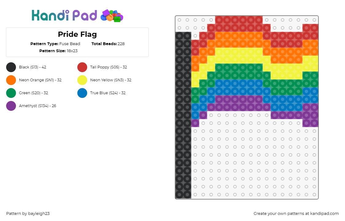 Pride Flag - Fuse Bead Pattern by bayleigh23 on Kandi Pad - pride,flag,rainbow,waving,solidarity,celebration,love,inclusivity,symbol,vibrant