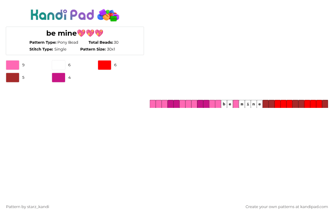 be mine💖💖💖 - Pony Bead Pattern by starz_kandi on Kandi Pad - pink,red,cotdvalentinesday2026,valentines day,love,singles,holidays