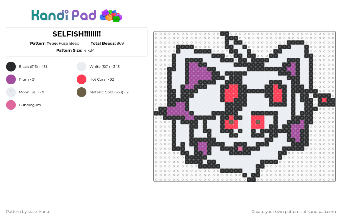 SELFISH!!!!!!!! - Fuse Bead Pattern by starz_kandi on Kandi Pad - black,white,pink,red,music,characters