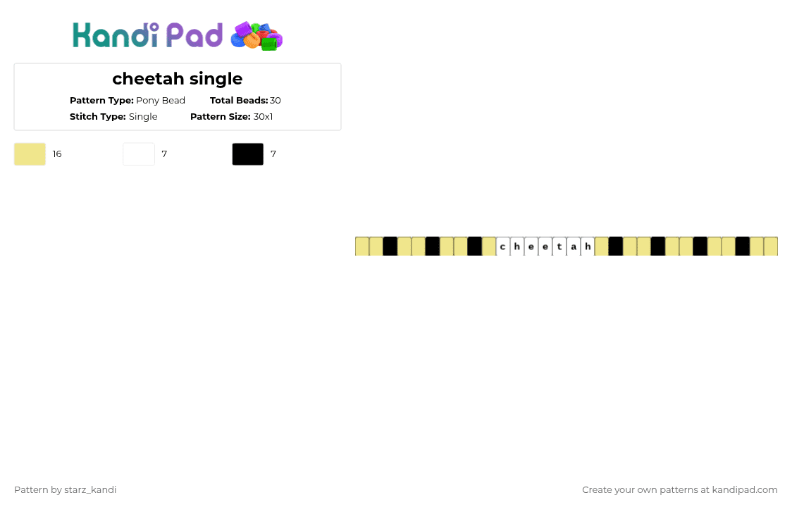 cheetah single - Pony Bead Pattern by starz_kandi on Kandi Pad - white,yellow,animals,cheetah,single