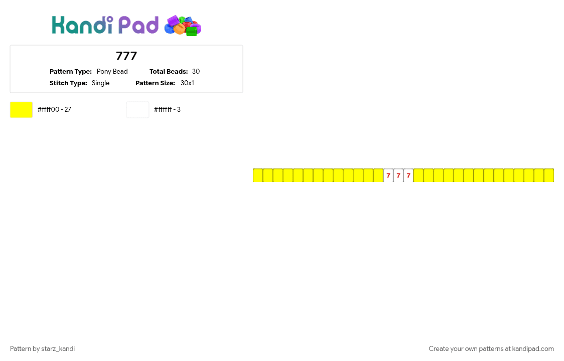 777 - Pony Bead Pattern by starz_kandi on Kandi Pad - 777, gambling, numbers, yellow