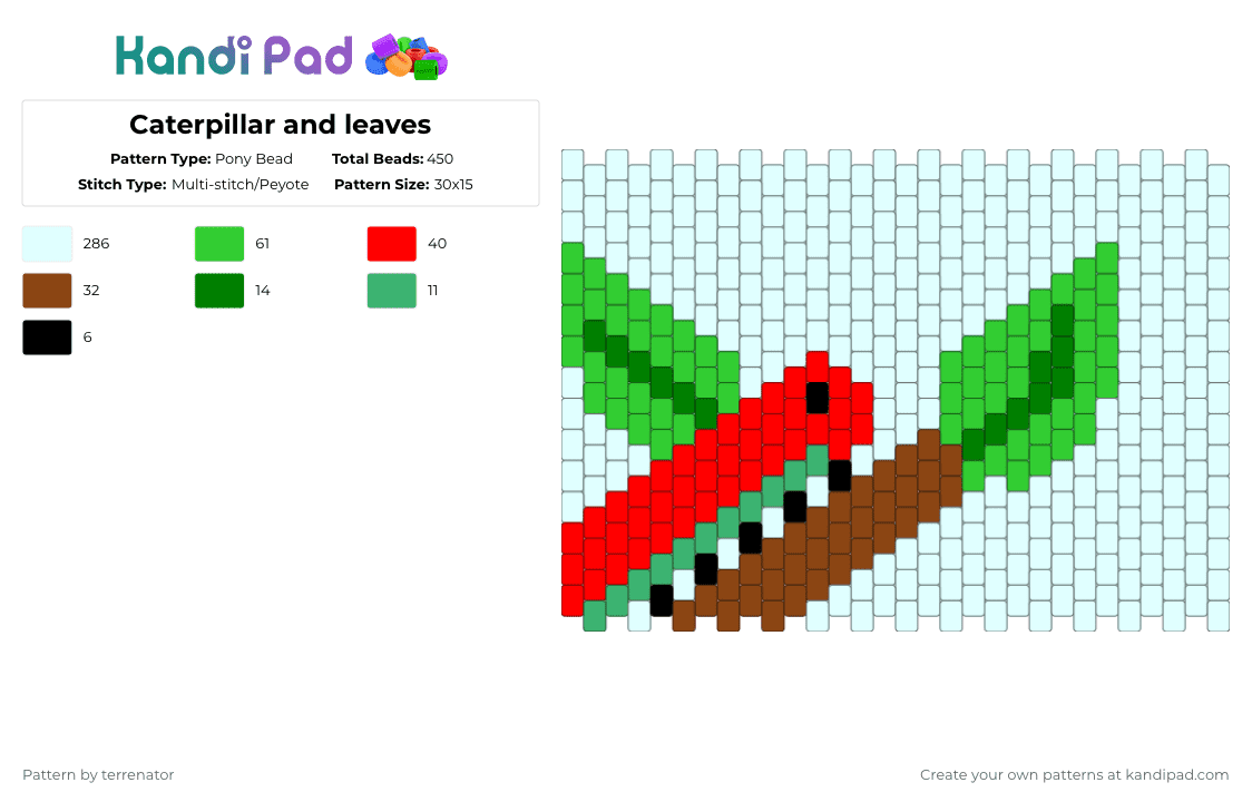 Caterpillar and leaves - Pony Bead Pattern by terrenator on Kandi Pad - white,green,red,cotdleaves