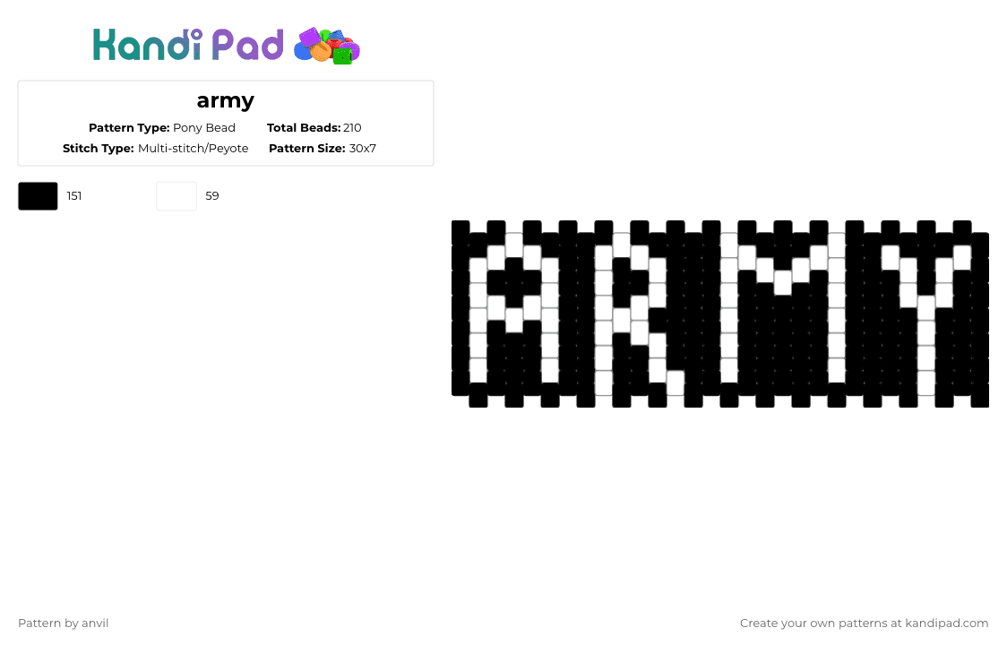 army - Pony Bead Pattern by anvil on Kandi Pad - black,white,zero day,zeroday,text,word,army