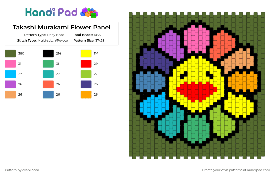 Takashi Murakami Flower Panel - Pony Bead Pattern by evaniiaaaa on Kandi Pad - gold, yellow