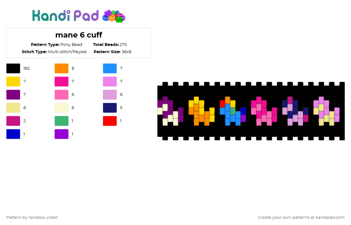 mane 6 cuff - Pony Bead Pattern by rainbow_crash on Kandi Pad - black,yellow,pink,mlp,pony,mane 6,my little pony