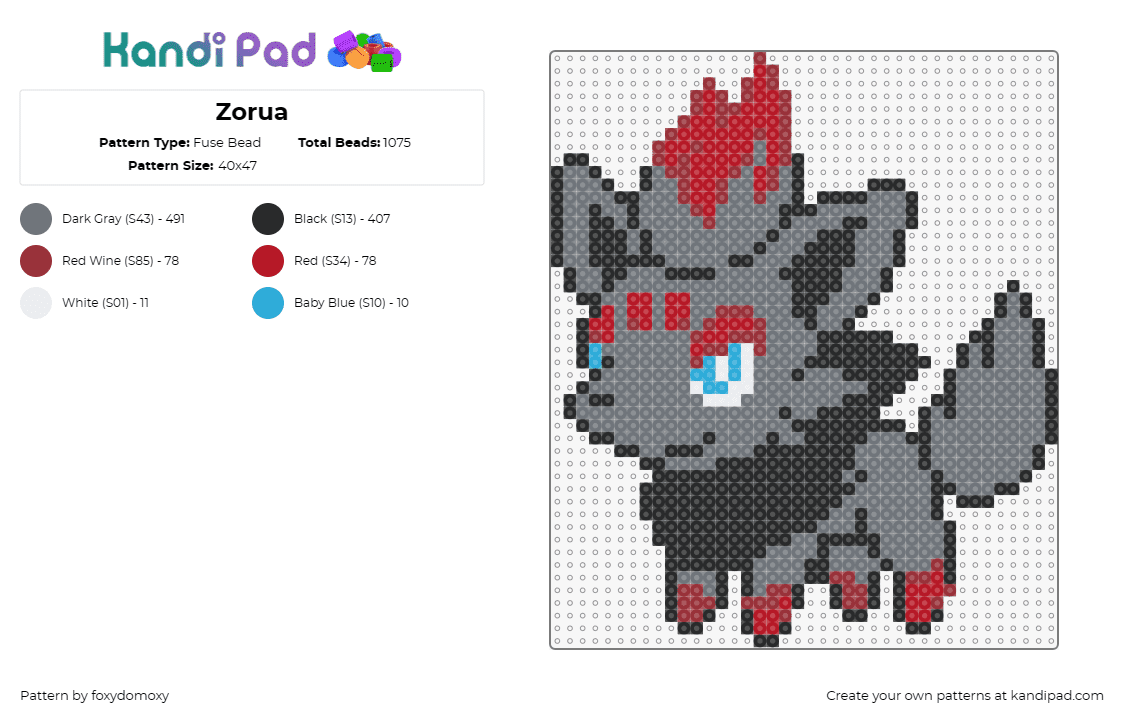 Zorua - Fuse Bead Pattern by foxydomoxy on Kandi Pad - zorua,pokemon,character,anime,creature,playful,gray,red