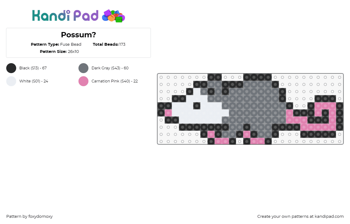 Possum? - Fuse Bead Pattern by foxydomoxy on Kandi Pad - opossum,animal,cute,playful,nocturnal,nature,wildlife,gray,white