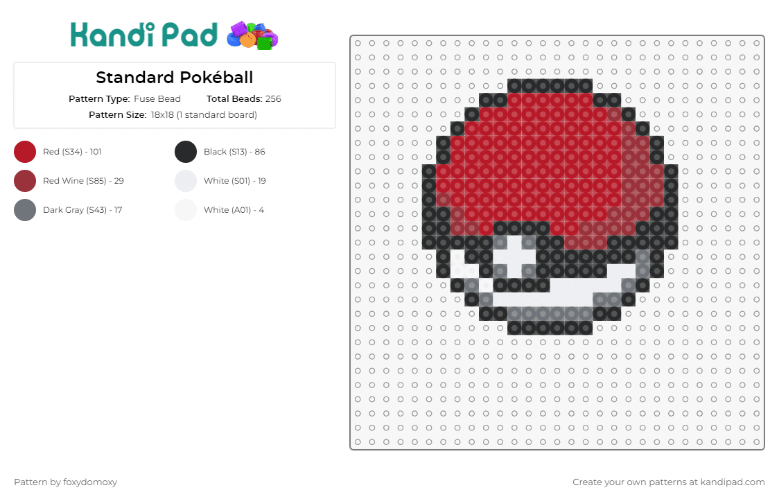 Standard Pokéball - Fuse Bead Pattern by foxydomoxy on Kandi Pad - pokeball,pokemon,iconic,trainer,accessory,spherical,gaming,red