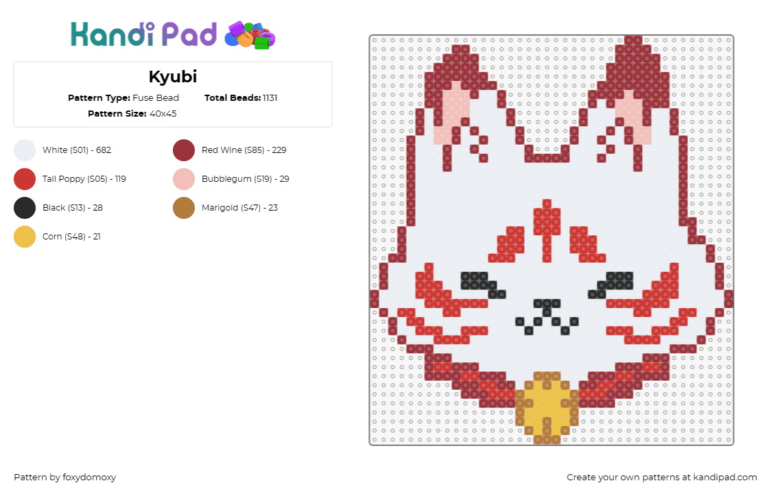 Kyubi - Fuse Bead Pattern by foxydomoxy on Kandi Pad - kyubi,mythology,fox,anime,nine-tailed,mythical,creature,fantasy,spirit,red,white