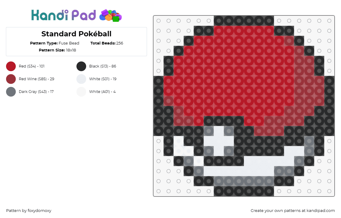 Standard Pokéball - Fuse Bead Pattern by foxydomoxy on Kandi Pad - pokeball,pokemon,gaming,red,white