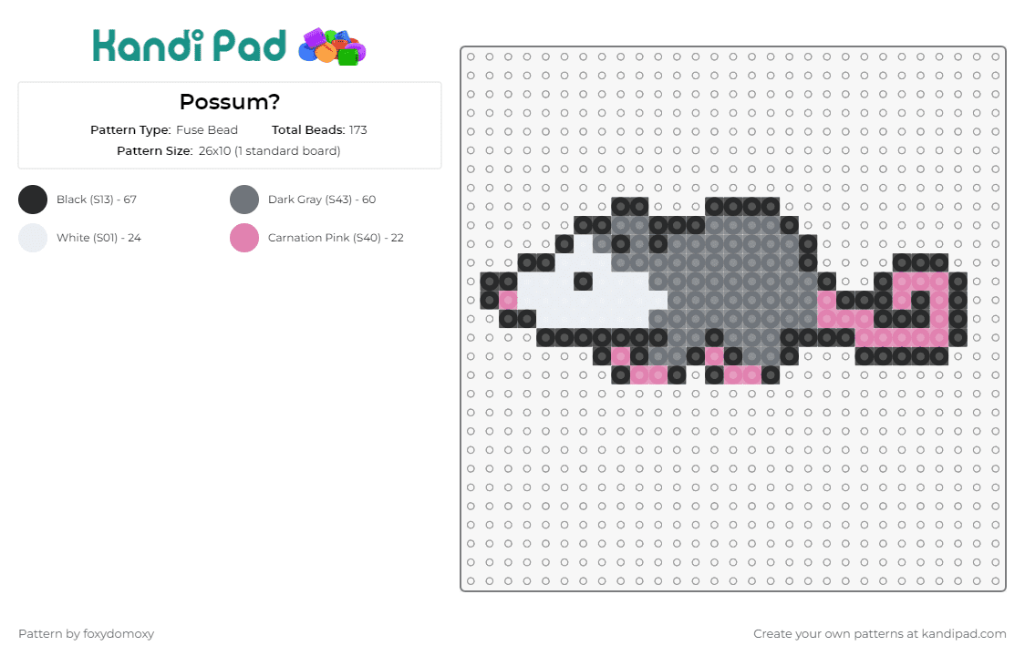Possum? - Fuse Bead Pattern by foxydomoxy on Kandi Pad - opossum,animal,cute,playful,nocturnal,charming,nature,lovers,wildlife,craft,gray,white