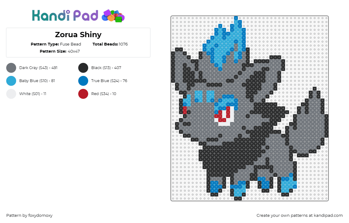 Zorua Shiny - Fuse Bead Pattern by foxydomoxy on Kandi Pad - zorua,pokemon,shiny,character,anime,rare,creature,blue,gray