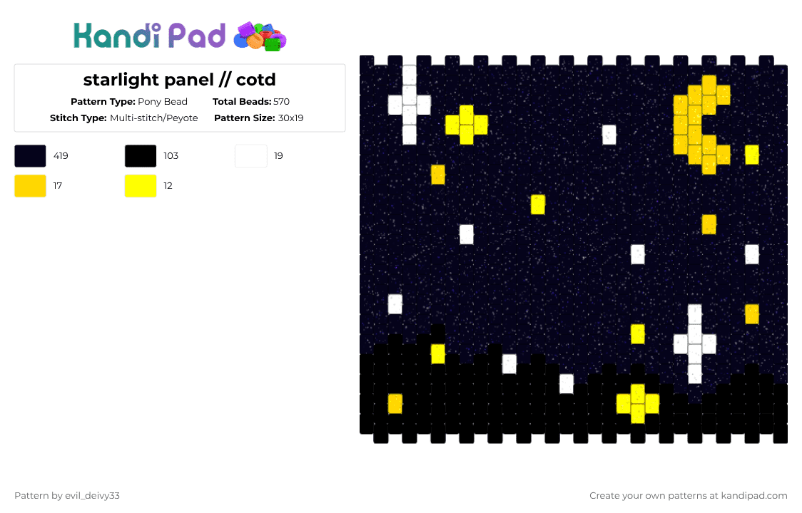 starlight panel // cotd - Pony Bead Pattern by deleted_user_663709 on Kandi Pad - black,white,yellow,cotdstarlight,stars