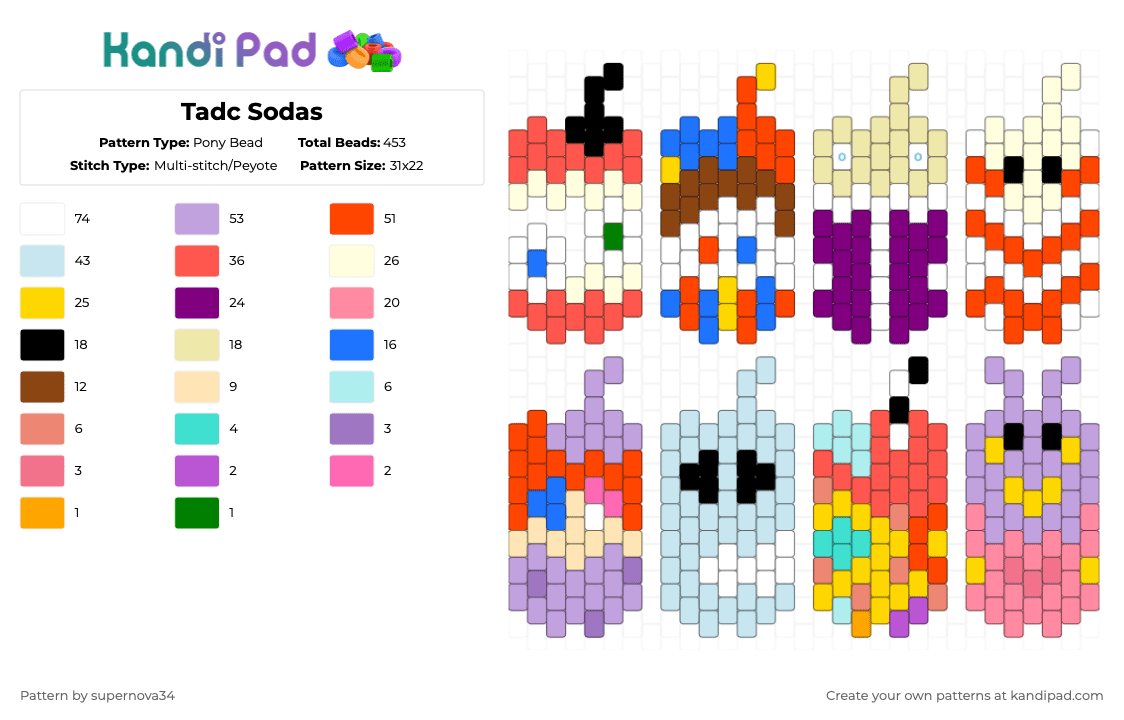 Tadc Sodas - Pony Bead Pattern by supernova34 on Kandi Pad - pink,light blue,yellow,red