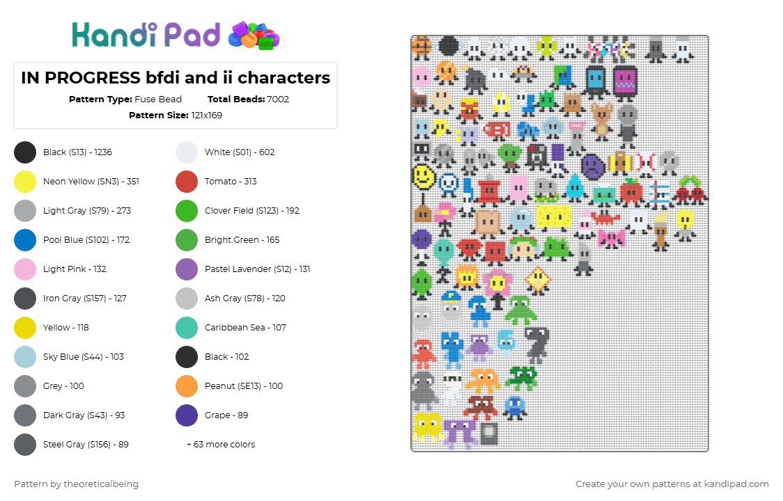 IN PROGRESS bfdi and ii characters - Fuse Bead Pattern by theoreticalbeing on Kandi Pad - green,pink,gray,colorful
