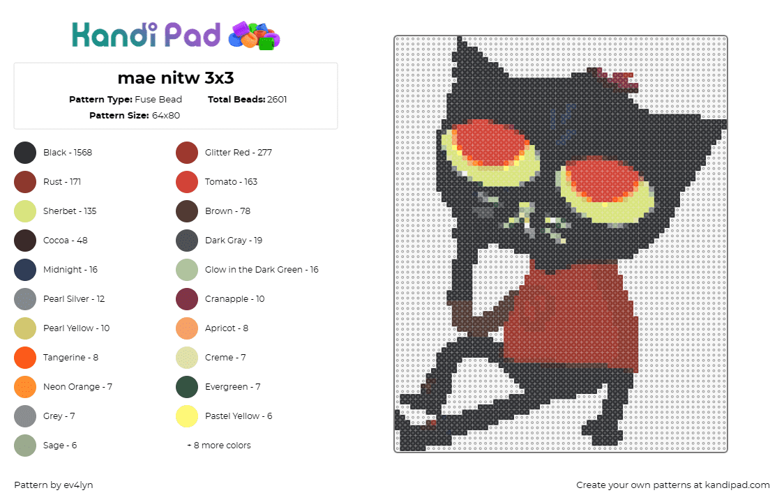 mae nitw 3x3 - Fuse Bead Pattern by ev4lyn on Kandi Pad - mae,night in the woods,nitw,cat,character,video game,rebellious,indie,red,black