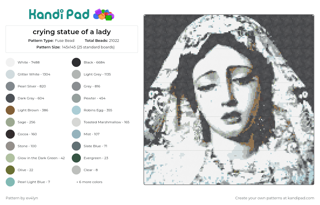 crying statue of a lady - Fuse Bead Pattern by ev4lyn on Kandi Pad - statue,woman,sad,emotion,tears,poignant,classic,artistic,grayscale,black,white