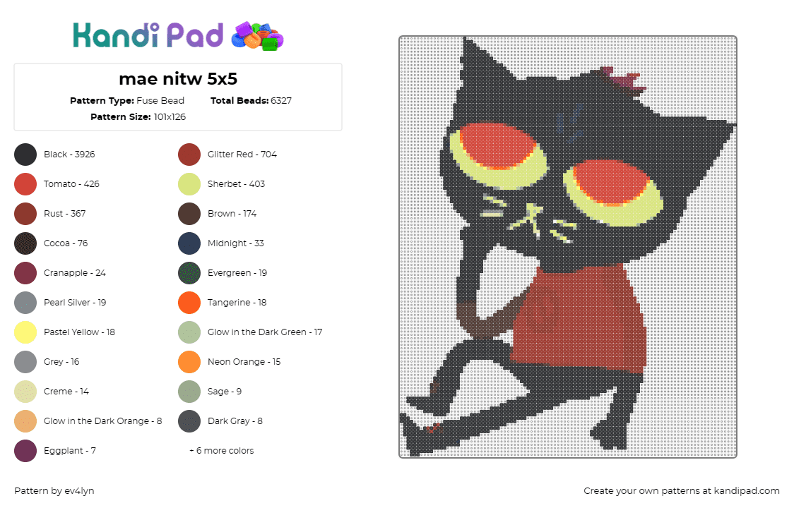 mae nitw 5x5 - Fuse Bead Pattern by ev4lyn on Kandi Pad - mae,night in the woods,nitw,cat,character,video game,mischievous,indie game,adve