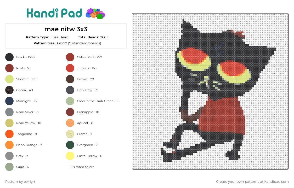 mae nitw 3x3 - Fuse Bead Pattern by ev4lyn on Kandi Pad - mae,night in the woods,nitw,cat,character,video game,rebellious,iconic,indie,red,black
