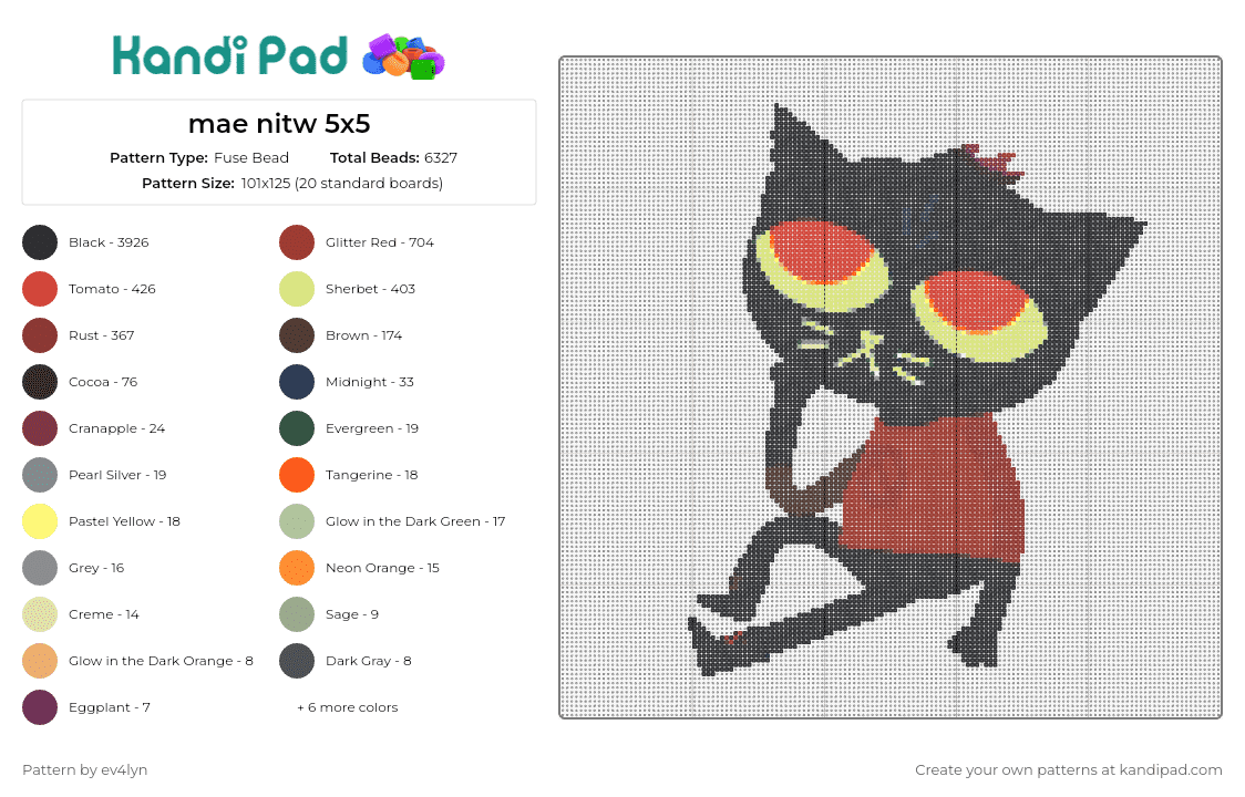mae nitw 5x5 - Fuse Bead Pattern by ev4lyn on Kandi Pad - mae,night in the woods,nitw,cat,character,video game,mischievous,indie game,adventure,red,black