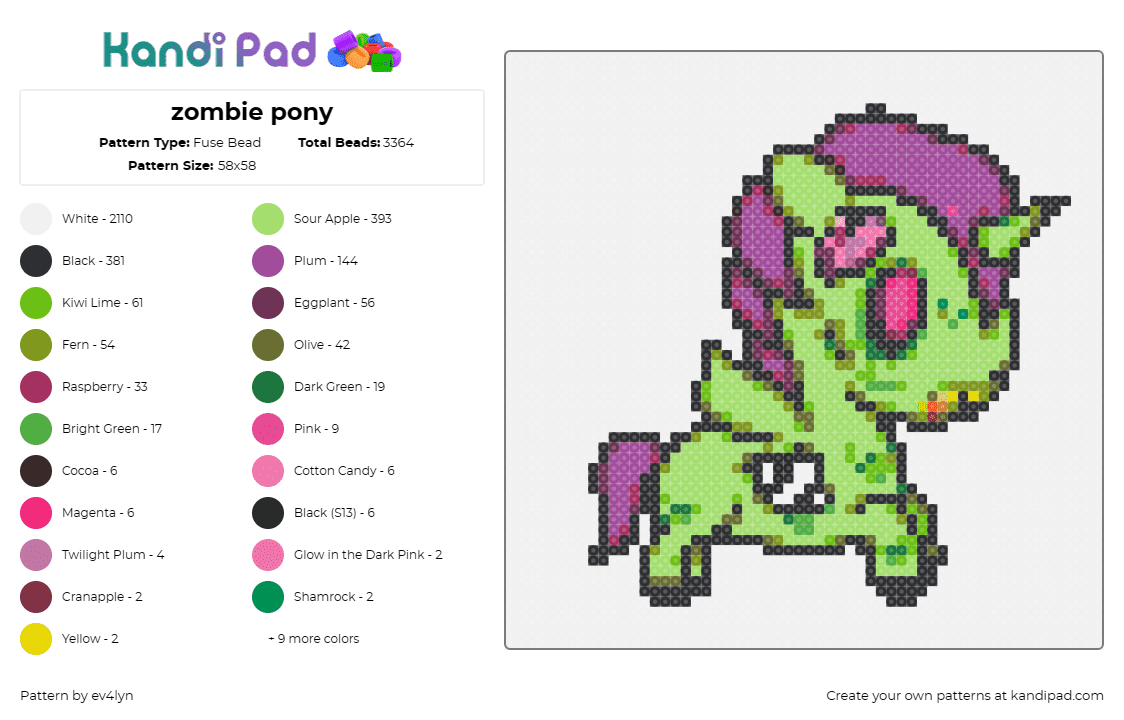 zombie pony - Fuse Bead Pattern by ev4lyn on Kandi Pad - pony,zombie,unicorn,horse,undead,cute,spooky,edgy,green,purple