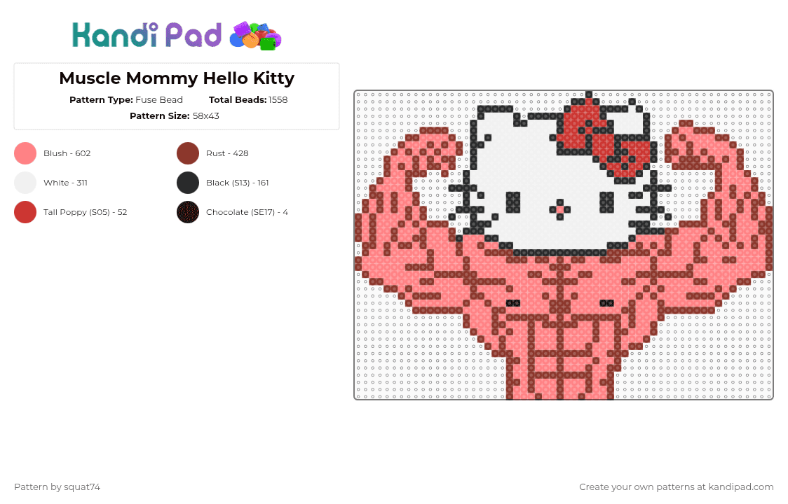 Muscle Mommy Hello Kitty - Fuse Bead Pattern by squat74 on Kandi Pad - red,funny,weird,workout,silly,bulk,shredded,edm