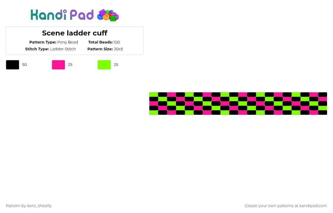 Scene ladder cuff - Pony Bead Pattern by kenz_thesilly on Kandi Pad - alt, green, laddercuff, pink, scene