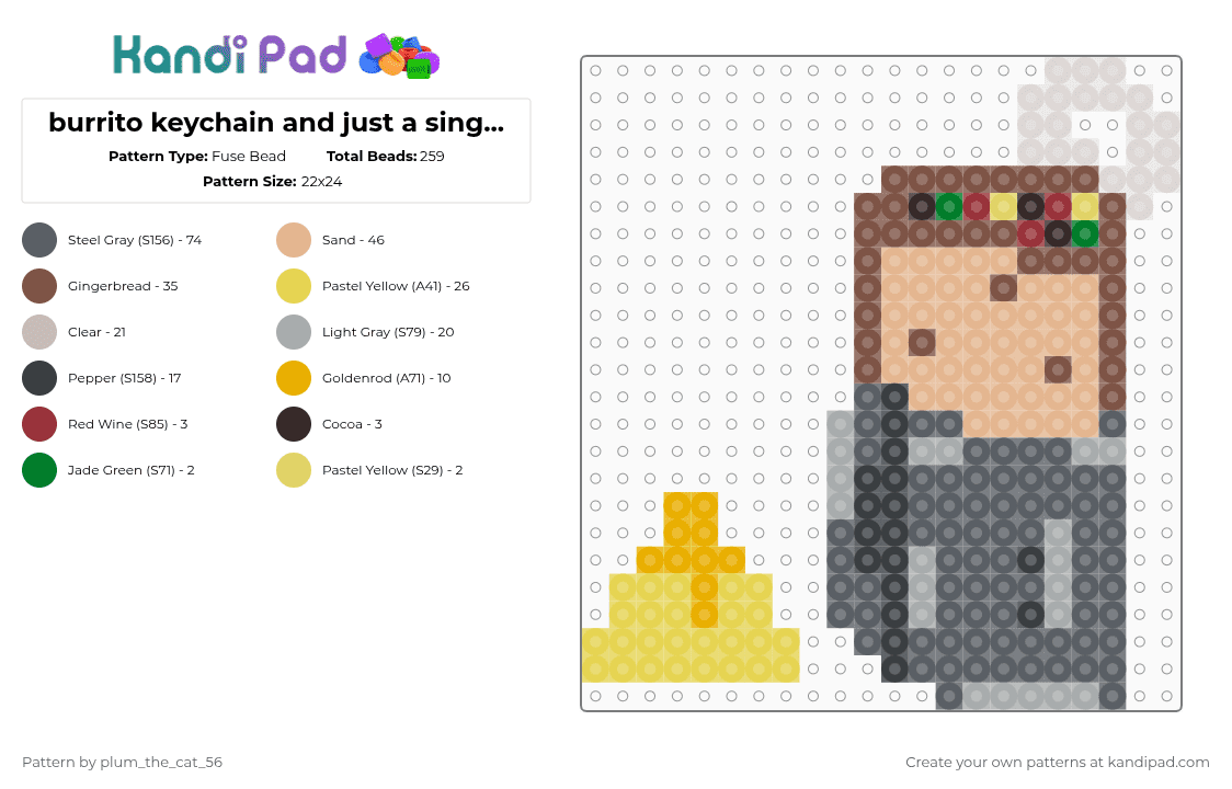 burrito keychain and just a singular nacho - Fuse Bead Pattern by plum_the_cat_56 on Kandi Pad - tan,yellow,gray,beige,food,burrito