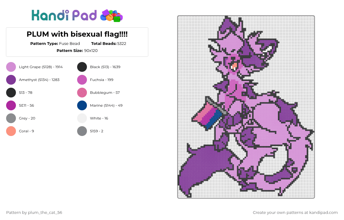 PLUM with bisexual flag!!!! - Fuse Bead Pattern by plum_the_cat_56 on Kandi Pad - pink,furry,character,pride