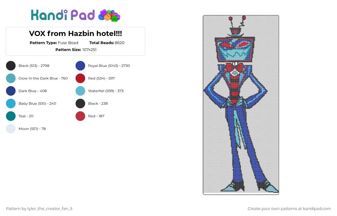 VOX from Hazbin hotel!!! - Fuse Bead Pattern by plum_the_cat_56 on Kandi Pad - purple,light blue,character,hazbin hotel