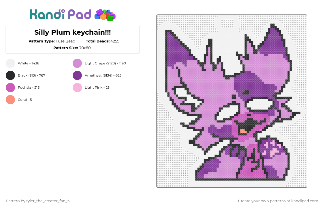 Silly Plum keychain!!! - Fuse Bead Pattern by plum_the_cat_56 on Kandi Pad - pink,furry,fursona,character