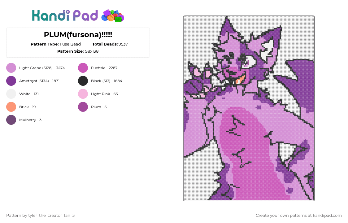 PLUM(fursona)!!!!! - Fuse Bead Pattern by plum_the_cat_56 on Kandi Pad - furry,fursona,character
