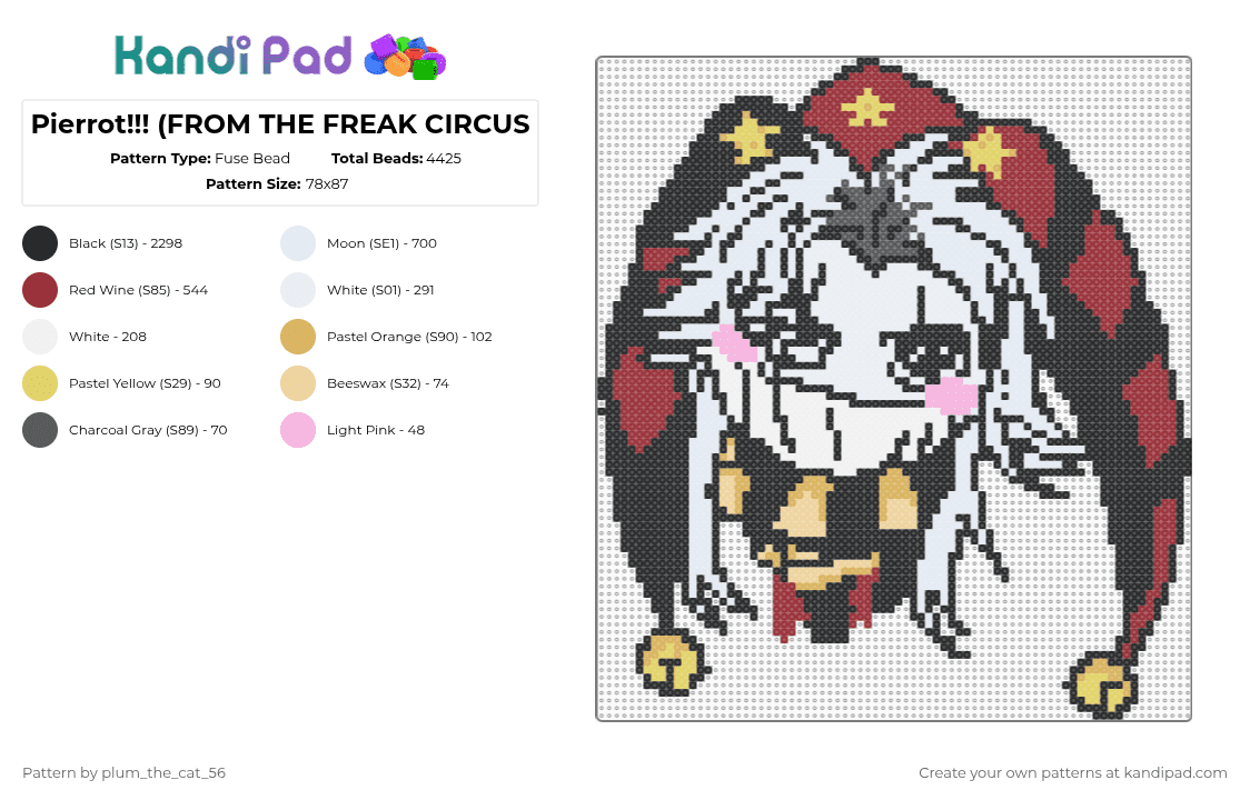Pierrot!!! (FROM THE FREAK CIRCUS - Fuse Bead Pattern by plum_the_cat_56 on Kandi Pad - black,white,red,the freak circus,character,game