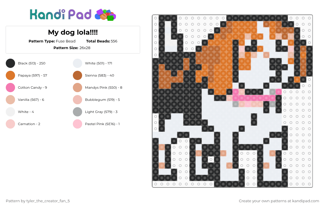 My dog lola!!!! - Fuse Bead Pattern by plum_the_cat_56 on Kandi Pad - black,white,orange,tan,dog,pet,cute