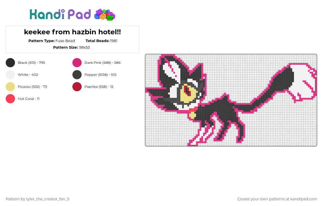 keekee from hazbin hotel!! - Fuse Bead Pattern by plum_the_cat_56 on Kandi Pad - pink,characters