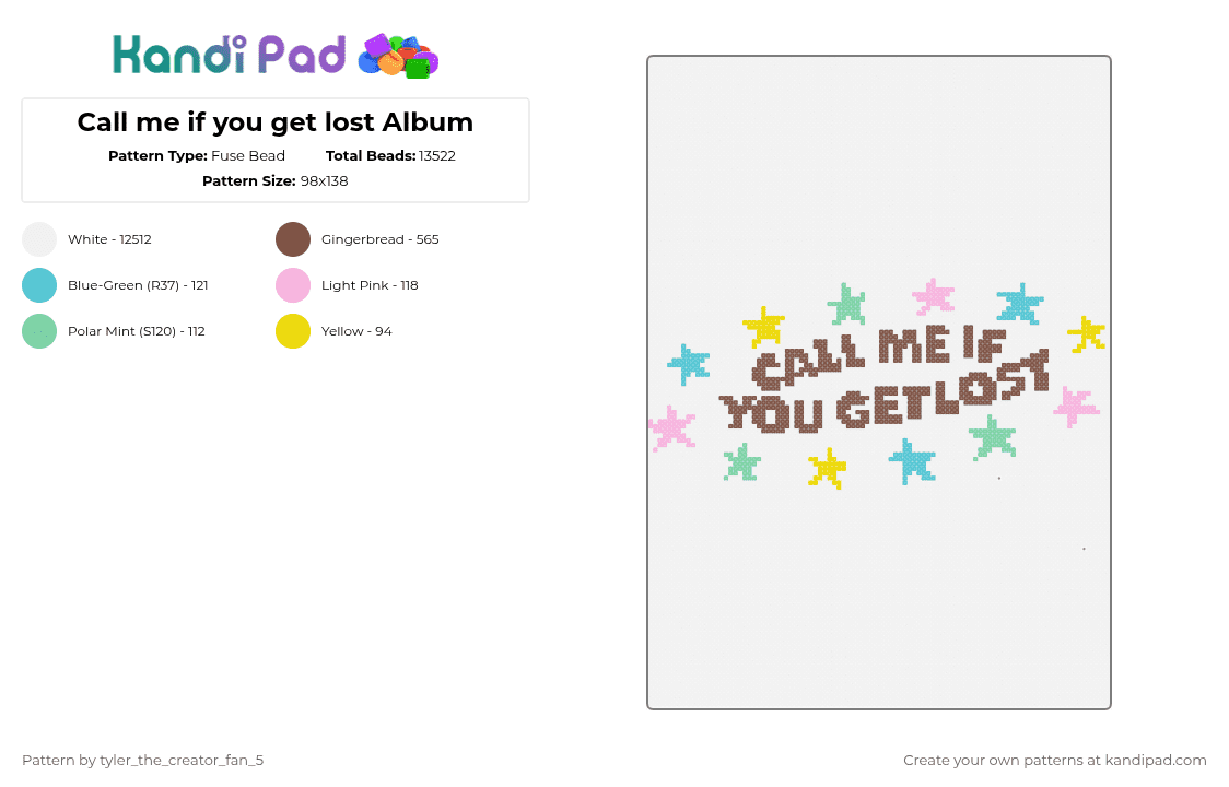 Call me if you get lost Album - Fuse Bead Pattern by plum_the_cat_56 on Kandi Pad - white,tan,music,tyler the creator,album covers