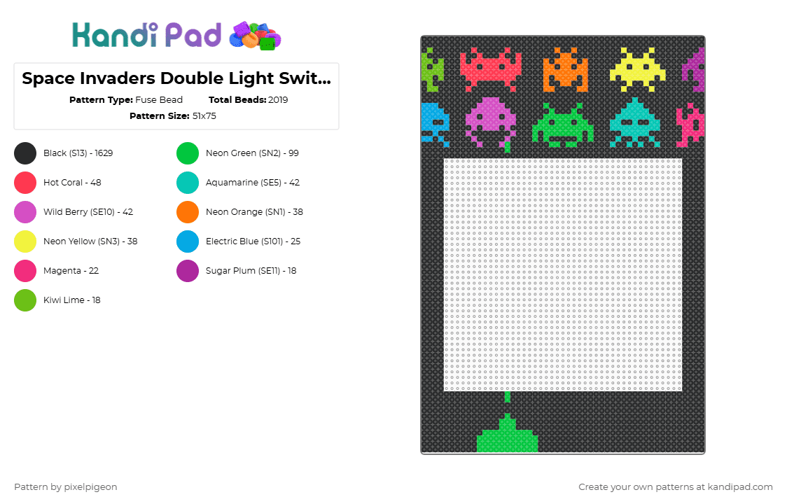 Space Invaders Double Light Switch Frame (2.6mm beads) - Fuse Bead Pattern by pixelpigeon on Kandi Pad - black,green,pink,flower,lightswitch,retro