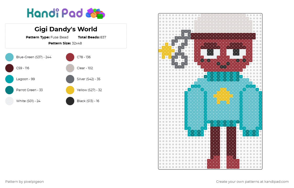 Gigi Dandy\'s World - Fuse Bead Pattern by pixelpigeon on Kandi Pad - red,teal