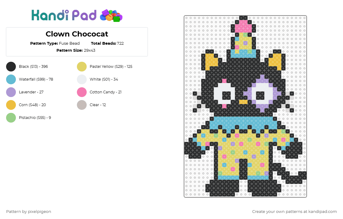 Clown Chococat - Fuse Bead Pattern by pixelpigeon on Kandi Pad - black,light blue,yellow,chococat,clown,sanrio