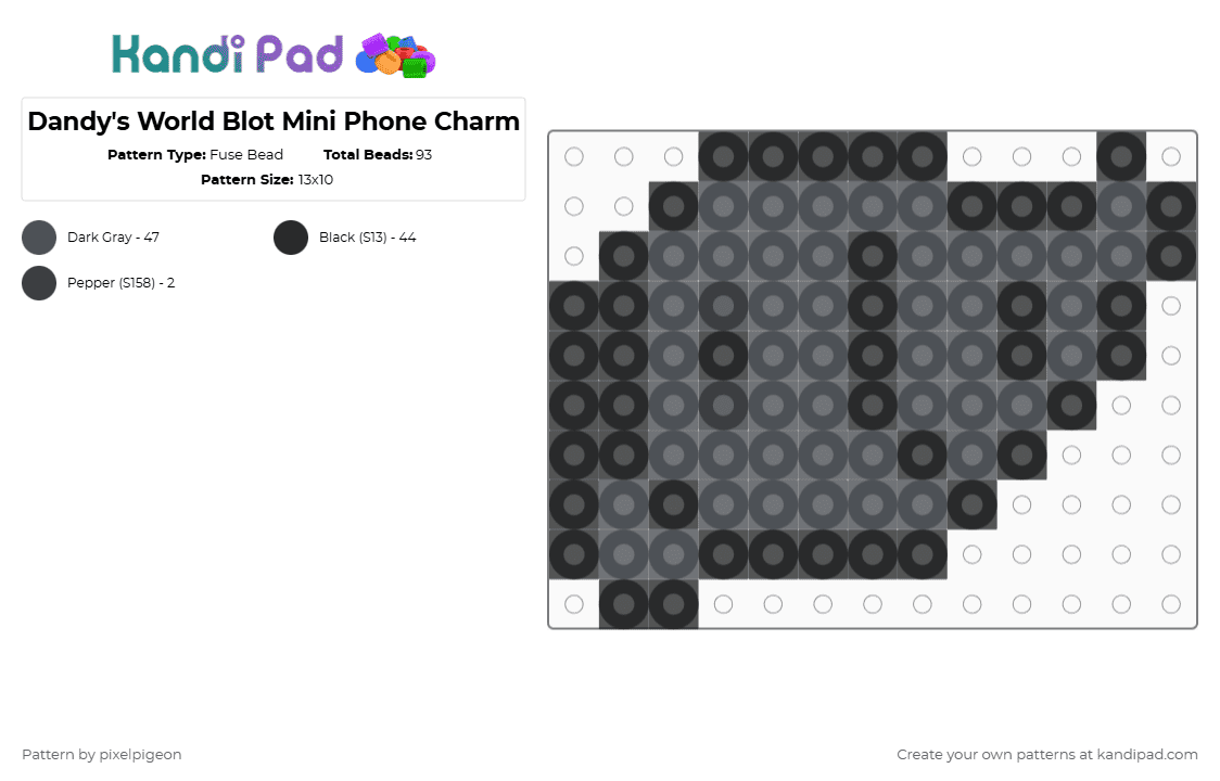 Dandy\'s World Blot Mini Phone Charm - Fuse Bead Pattern by pixelpigeon on Kandi Pad - gray,black