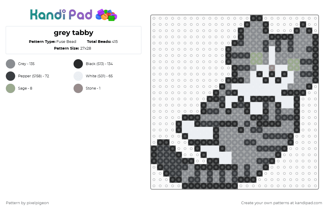 grey tabby - Fuse Bead Pattern by pixelpigeon on Kandi Pad - gray,white