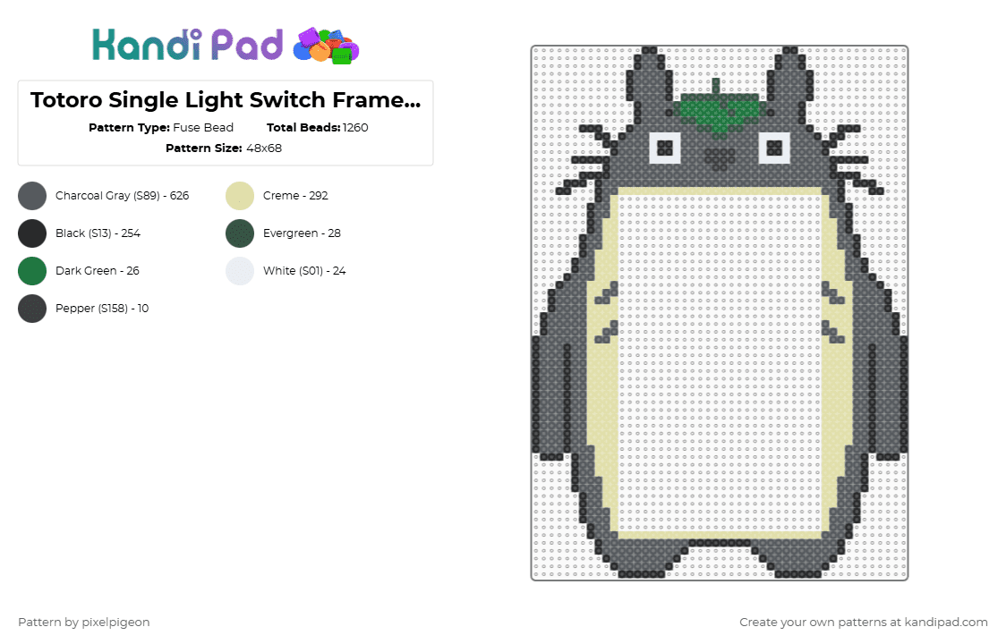 Totoro Single Light Switch Frame (2.6mm beads) - Fuse Bead Pattern by pixelpigeon on Kandi Pad - gray,totoro,minibeads,lightswitch,ghibli