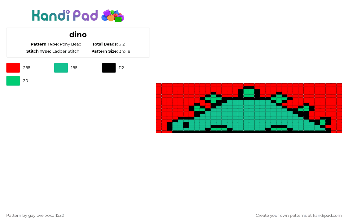 dino - Pony Bead Pattern by gayloverxoxo11532 on Kandi Pad - red,teal